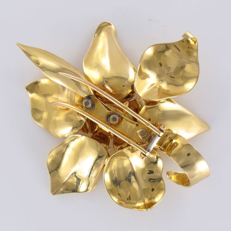 Broche Fleur En Or Et Grenat Orange Cabochon