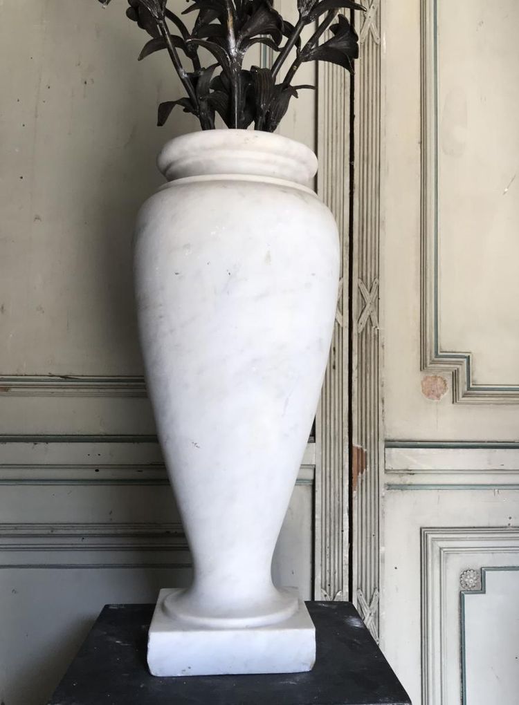 Pair of Carrara Marble Vases, Bronze Flower Bouquet
