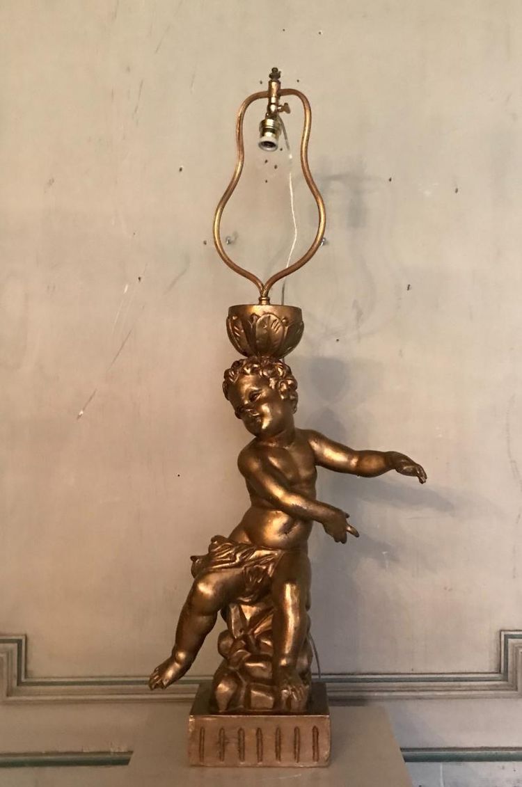 Two Children in Gilded Carved Wood, Table Lamps
