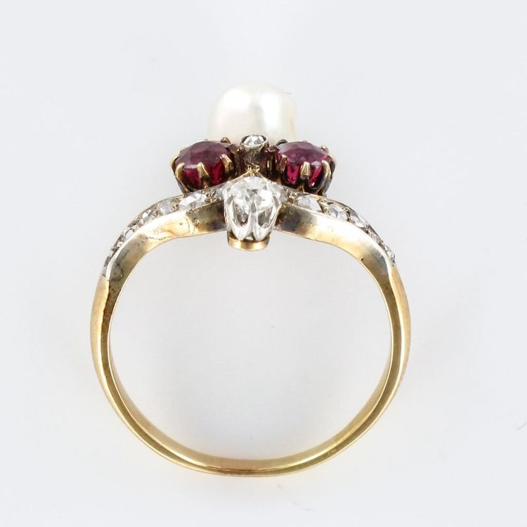 Bague Ancienne Duchesse Rubis Diamants Et Perle Fine