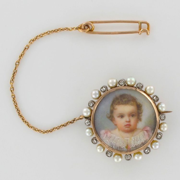 Antike Brosche Miniatur Feinperlen Und Diamanten
