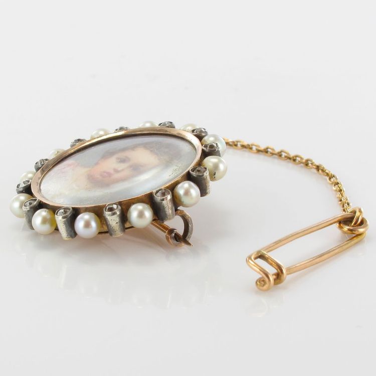 Antike Brosche Miniatur Feinperlen Und Diamanten