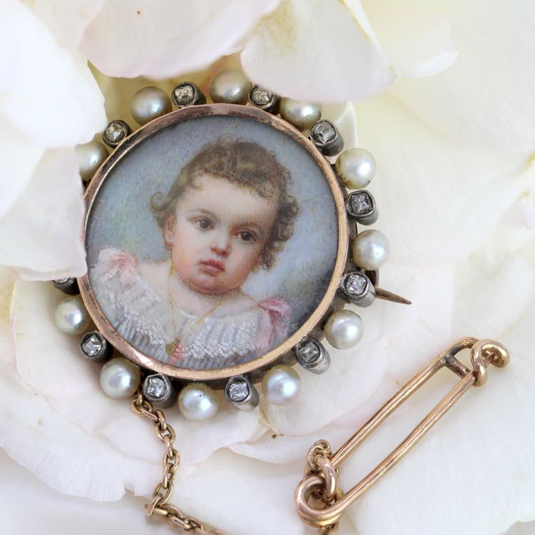 Antike Brosche Miniatur Feinperlen Und Diamanten