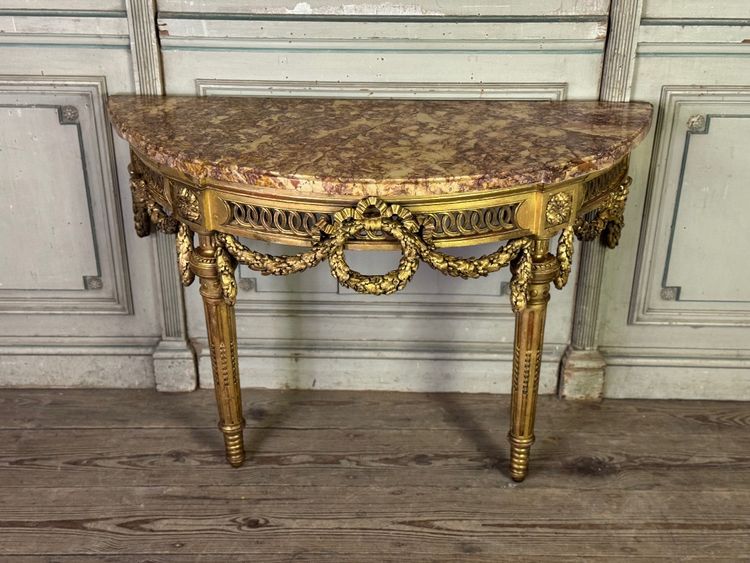 Console Louis XVI en bois sculpté et doré marbre brocatelle du Jura, XVIIIème siècle