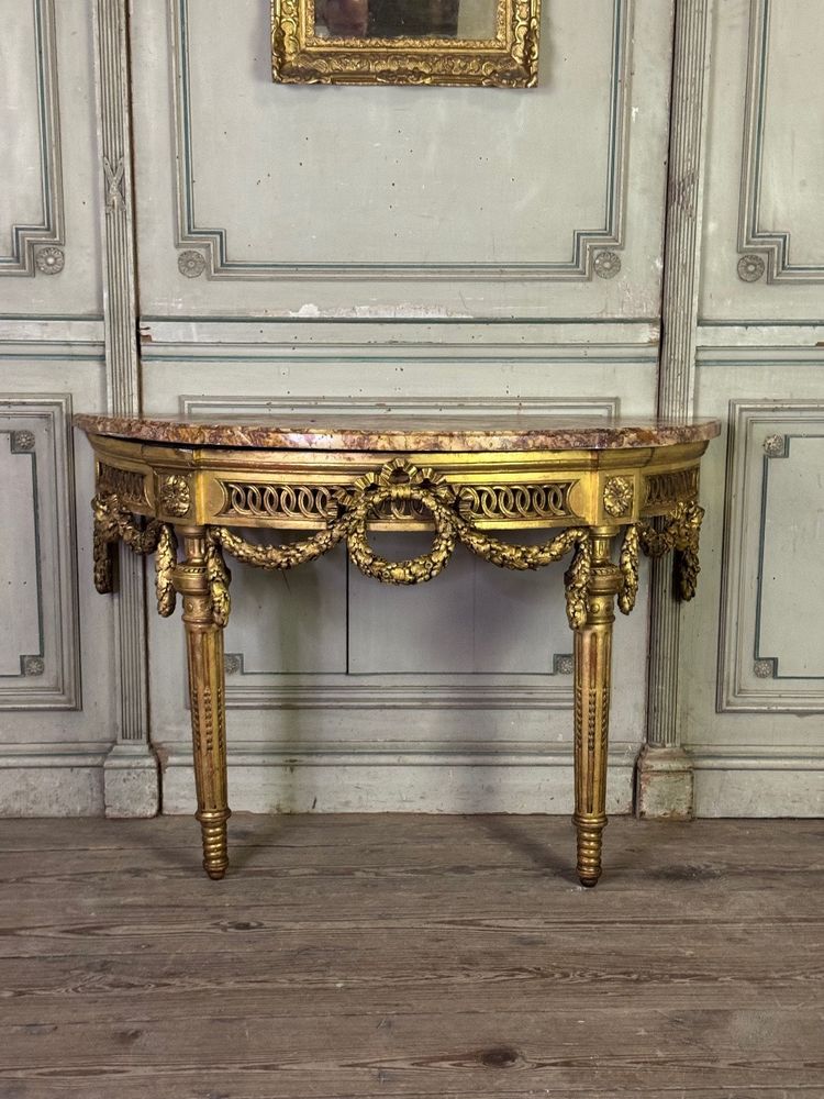 Console Louis XVI en bois sculpté et doré marbre brocatelle du Jura, XVIIIème siècle