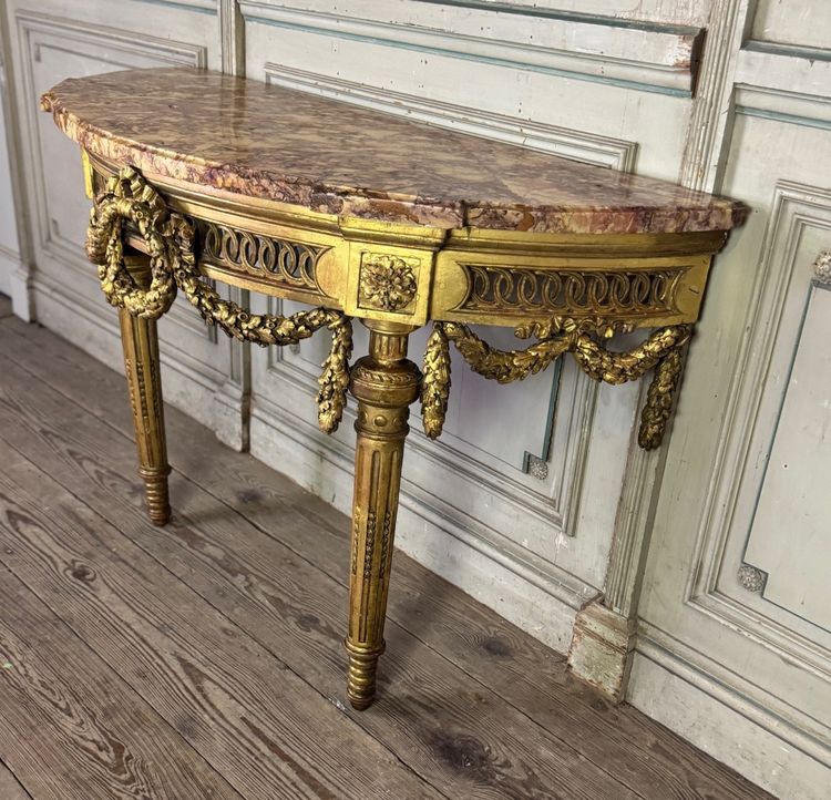 Console Louis XVI en bois sculpté et doré marbre brocatelle du Jura, XVIIIème siècle