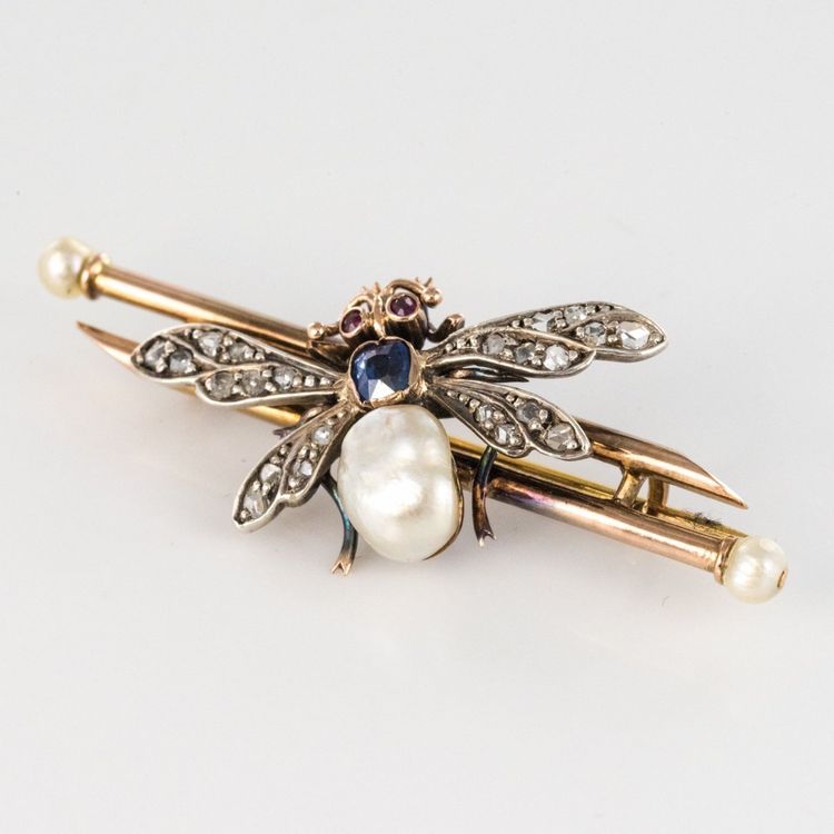 Broche Ancienne Insecte Perle Fine Saphir Et Diamants