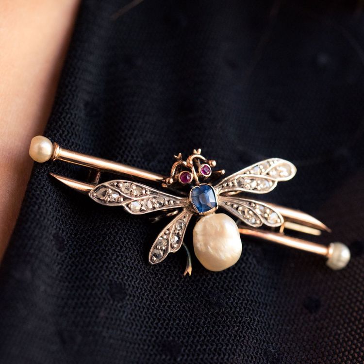 Broche Ancienne Insecte Perle Fine Saphir Et Diamants