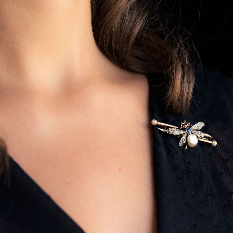 Broche Ancienne Insecte Perle Fine Saphir Et Diamants