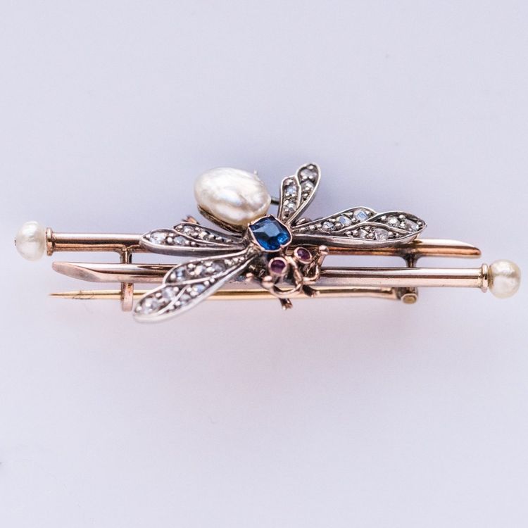 Broche Ancienne Insecte Perle Fine Saphir Et Diamants