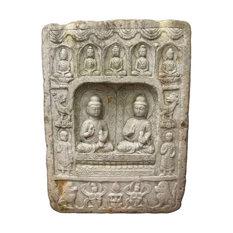 Ancienne Stèle votive bouddhique Chinoise en marbre blanc sculpture bas relief Chine médiéval 