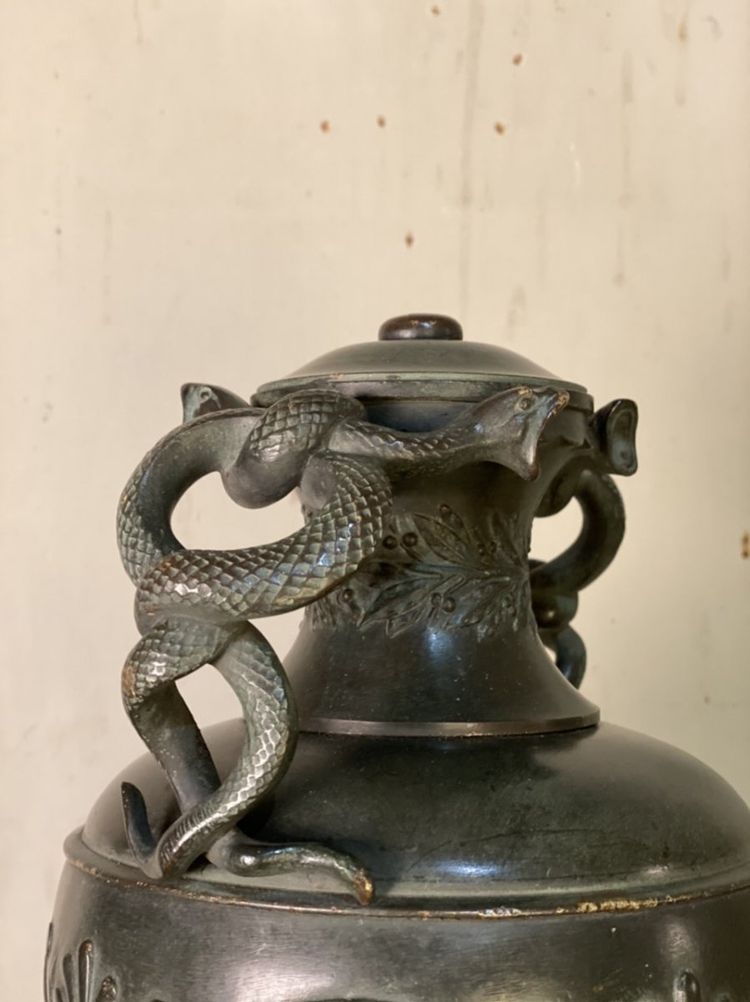Green Patina Bronze Snake Vase In Antique Style