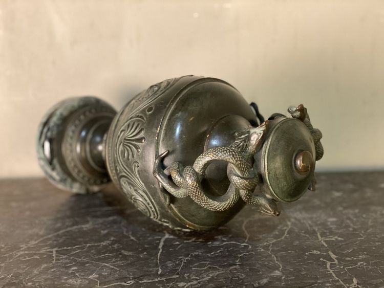 Green Patina Bronze Snake Vase In Antique Style