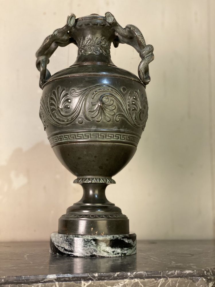 Green Patina Bronze Snake Vase In Antique Style