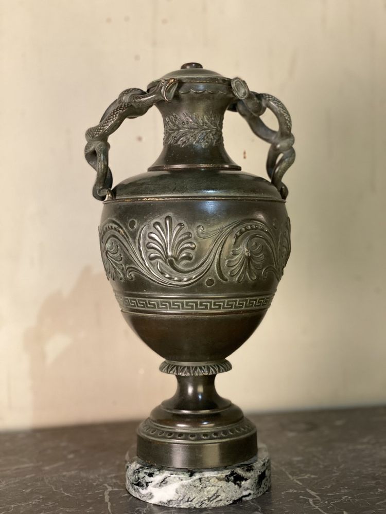Green Patina Bronze Snake Vase In Antique Style