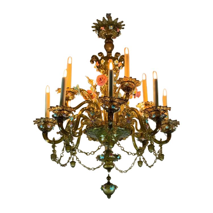 Lustre vénitien en verre de Murano multicolore à dominante verte, 12 bras de lumière, vers 1880
