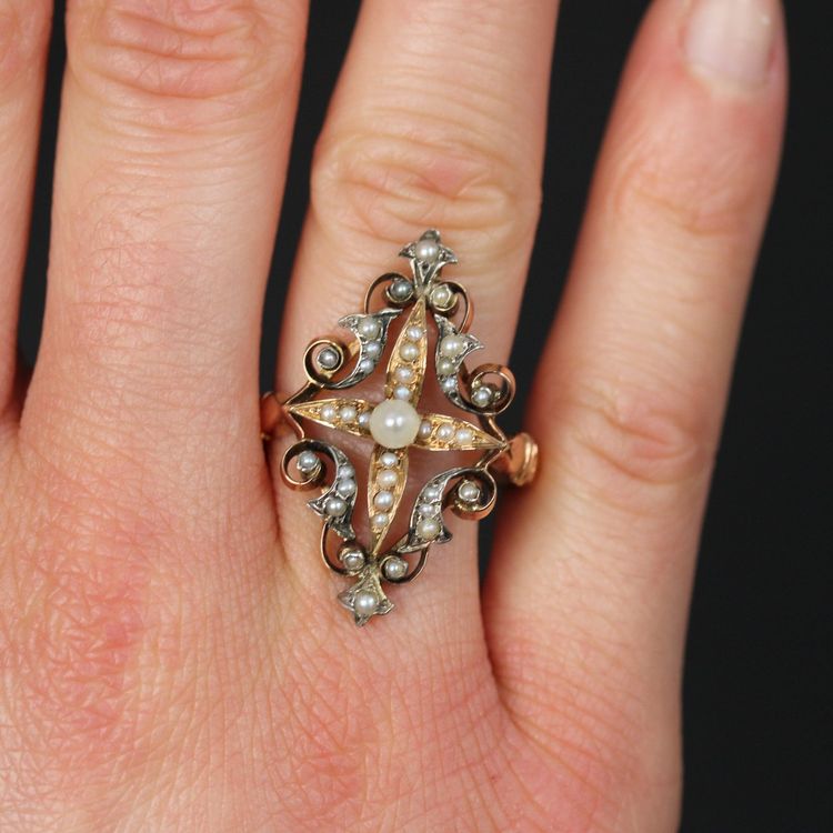 Bague Ancienne Perles Fines Or Argent