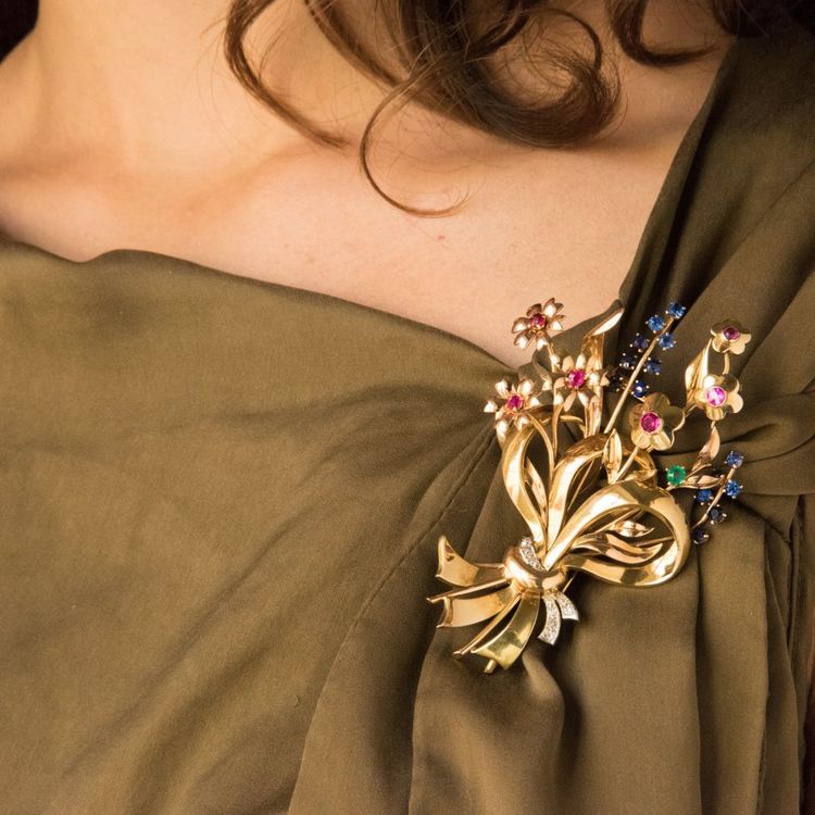 Spilla a bouquet retrò in oro e pietre preziose