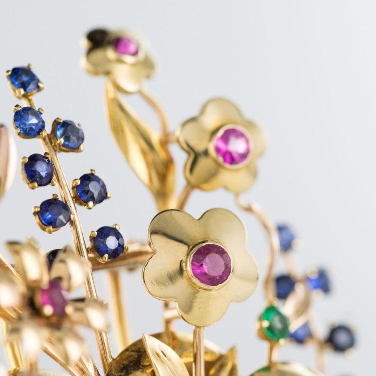 Spilla a bouquet retrò in oro e pietre preziose
