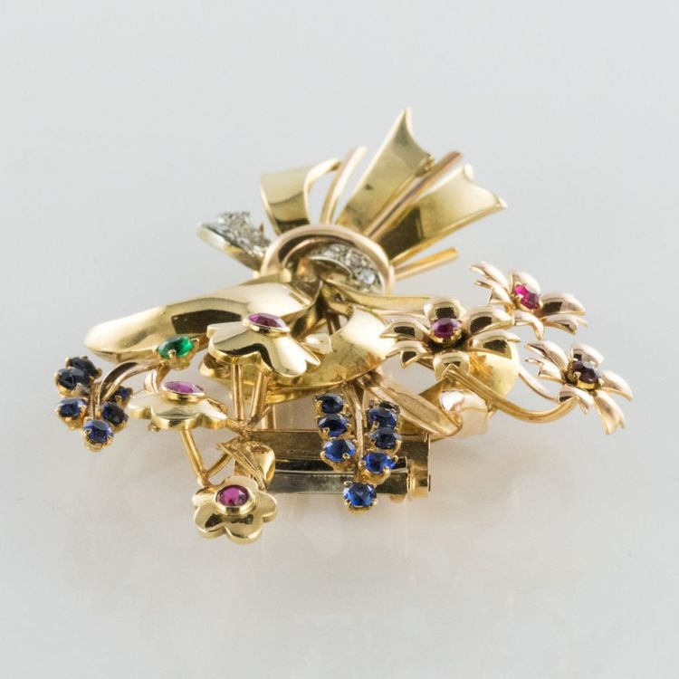Spilla a bouquet retrò in oro e pietre preziose