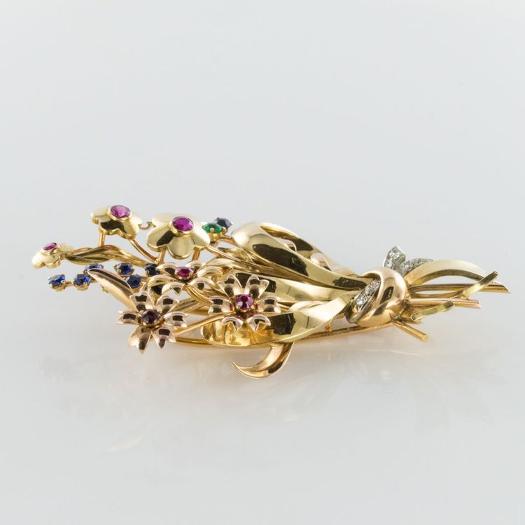 Spilla a bouquet retrò in oro e pietre preziose