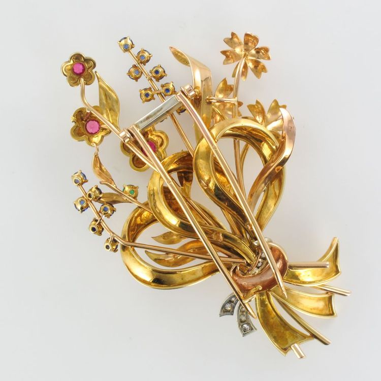 Spilla a bouquet retrò in oro e pietre preziose