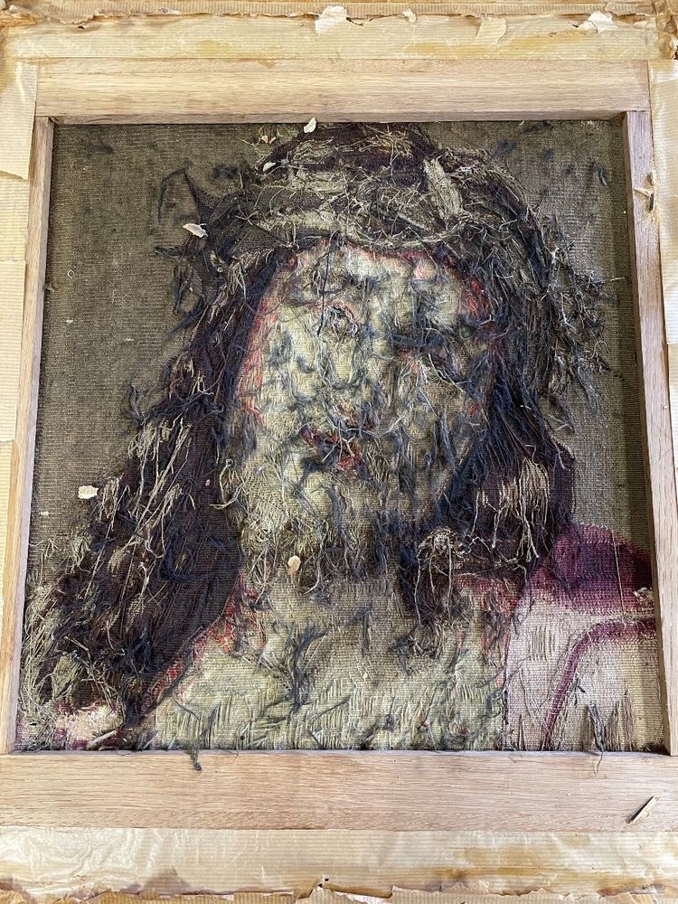 Tête Du Christ, Fragment De Tapisserie Sur Chassis Et Encadré, Flandres XVIII secolo