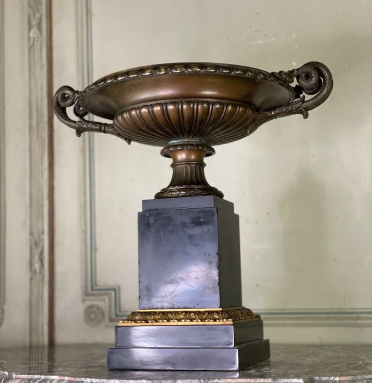 Bronze Cup with Brown Patina on a Black Belgian Marble Base