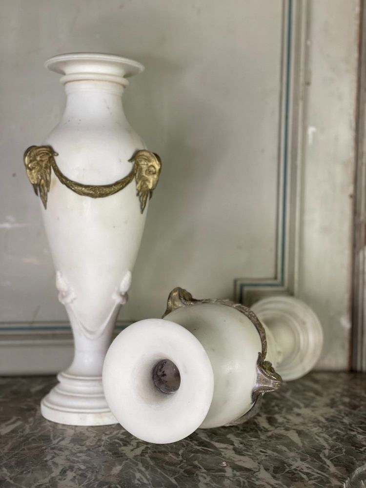 Pair Of White Statuary Marble Vases, Gilt Bronze, Circa 1900