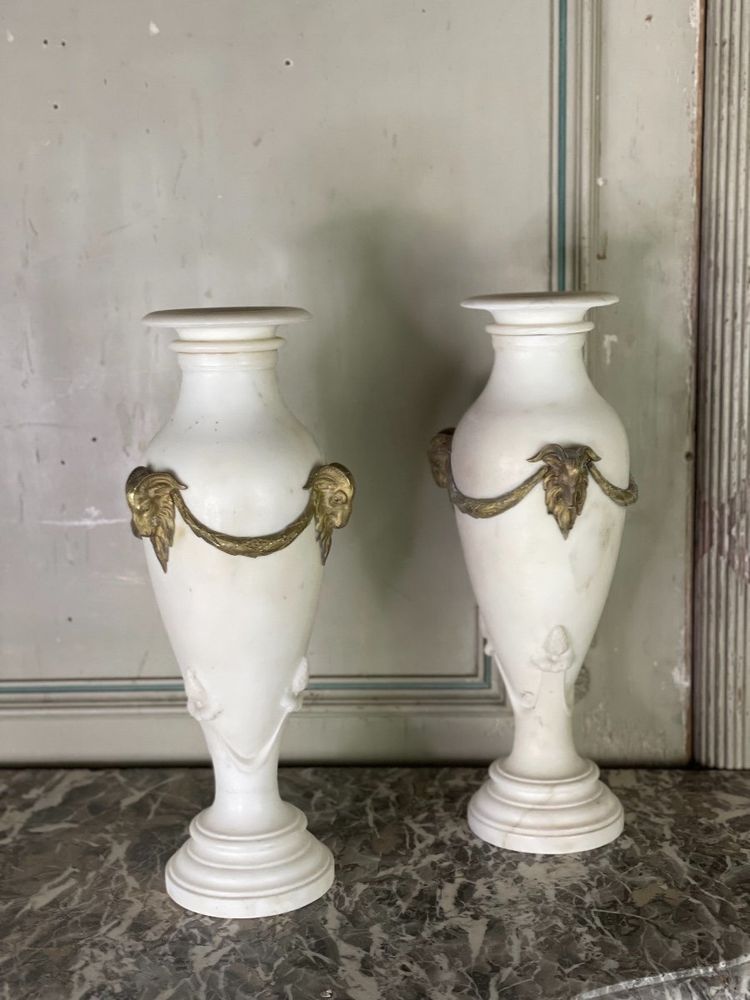 Pair Of White Statuary Marble Vases, Gilt Bronze, Circa 1900