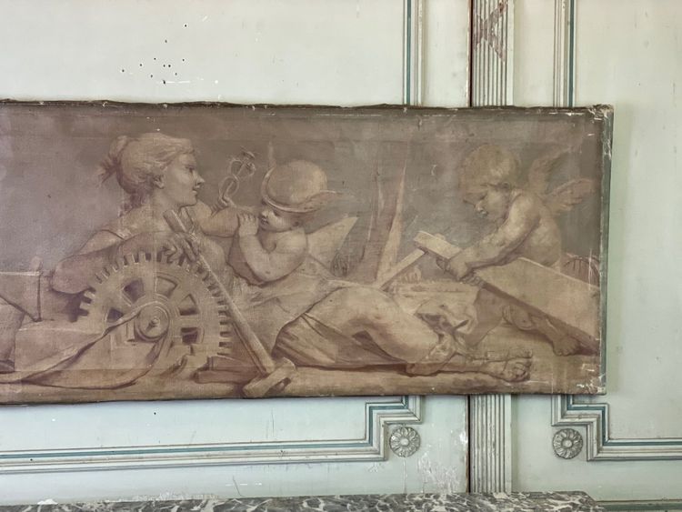 Allegorie, Öl Auf Leinwand, Trompe L'oeil à L'imitation De Sanguine XIX Jahrhundert