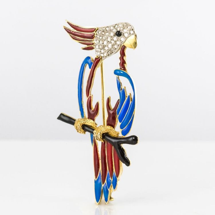 Brosche Papagei Emaille Diamanten