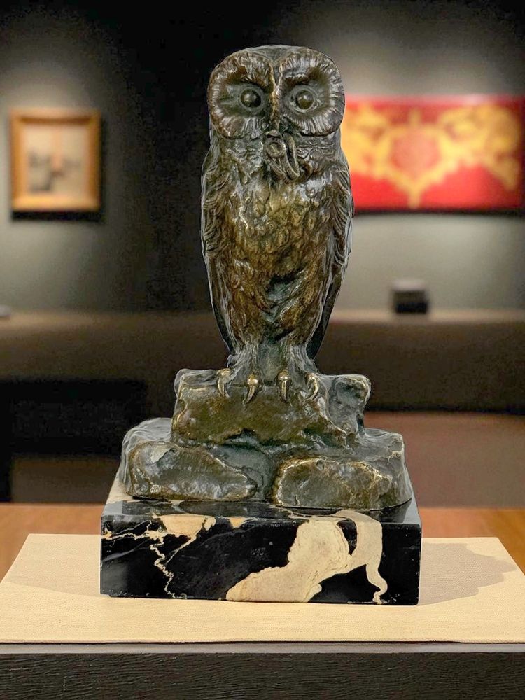 BRONZE WATCH HOLDER SIGNED H.RISCH DEPICTING AN OWL AND ITS SNAKE