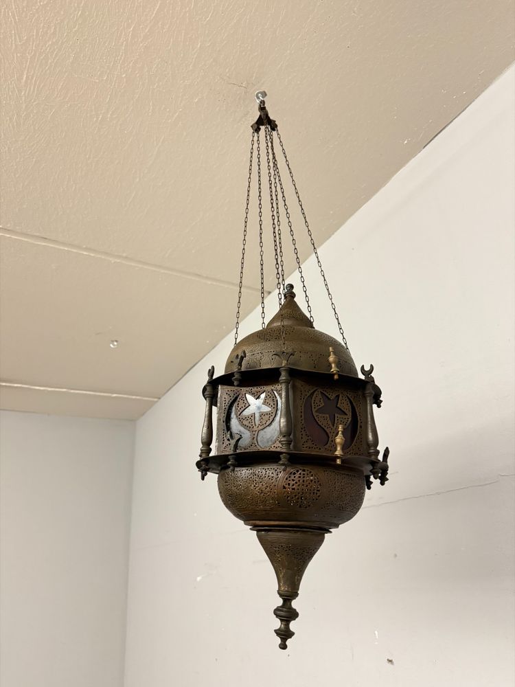 Antique Moroccan 1920s copper and stained glass lantern, 55x30cm