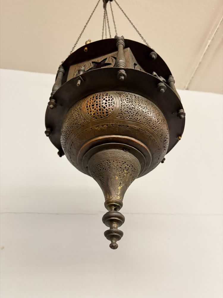 Antique Moroccan 1920s copper and stained glass lantern, 55x30cm
