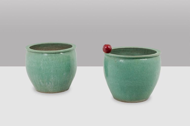 Pair of large glazed terra cotta planters. 1950s.LS6557309P