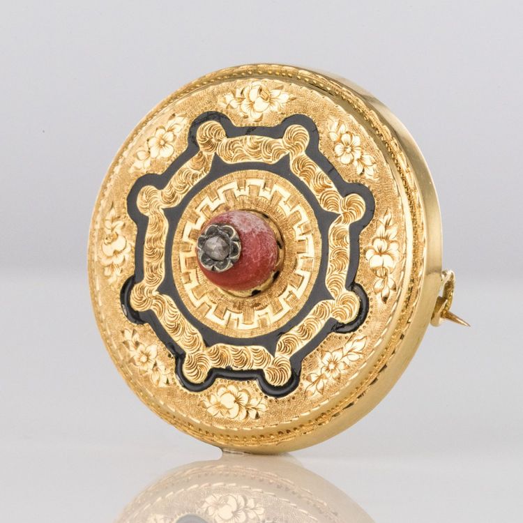 Broche Ancienne Corail Email Et Diamant