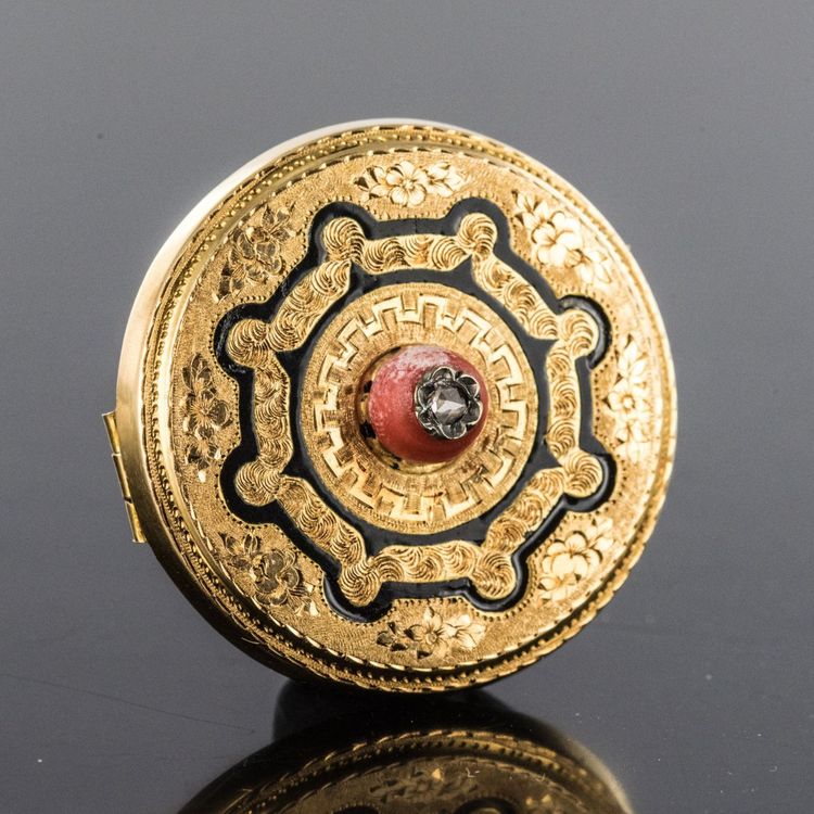 Broche Ancienne Corail Email Et Diamant