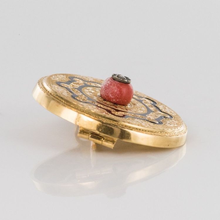 Broche Ancienne Corail Email Et Diamant