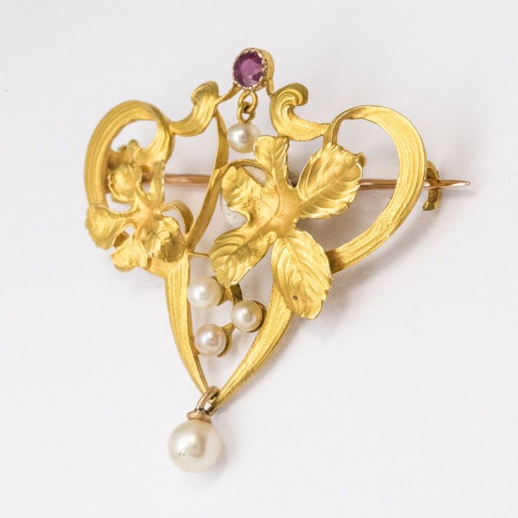 Jugendstil Rubin Perlen Brosche