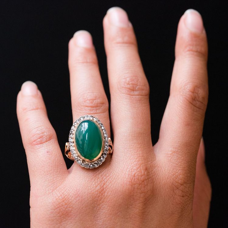 Old Green Agate And Rose Cut Diamond Ring