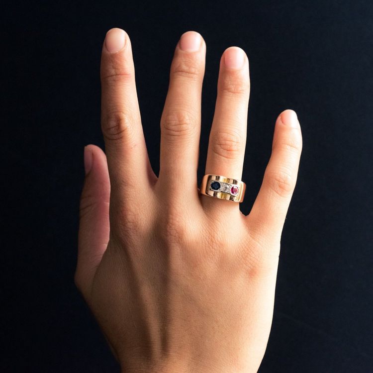 Bague Tank Patriotique Saphir Diamant Rubis