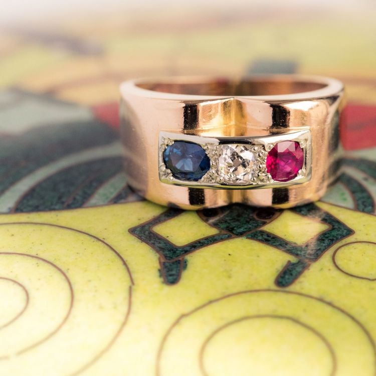 Bague Tank Patriotique Saphir Diamant Rubis