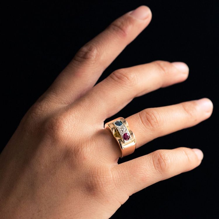 Bague Tank Patriotique Saphir Diamant Rubis