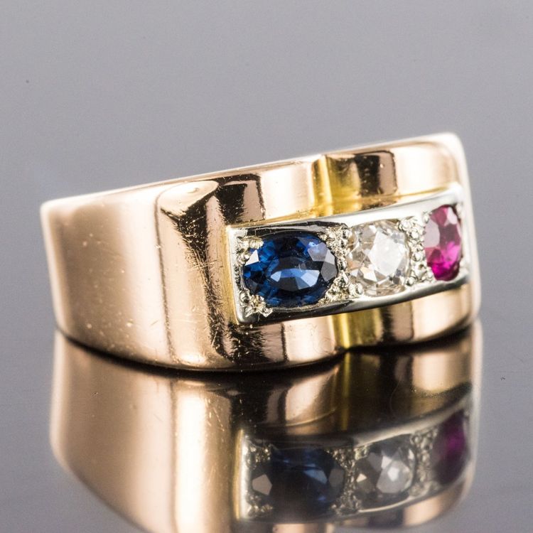 Bague Tank Patriotique Saphir Diamant Rubis