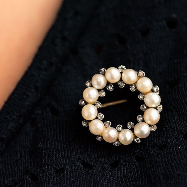 Antike Brosche Runde Feine Perlen Und Diamanten