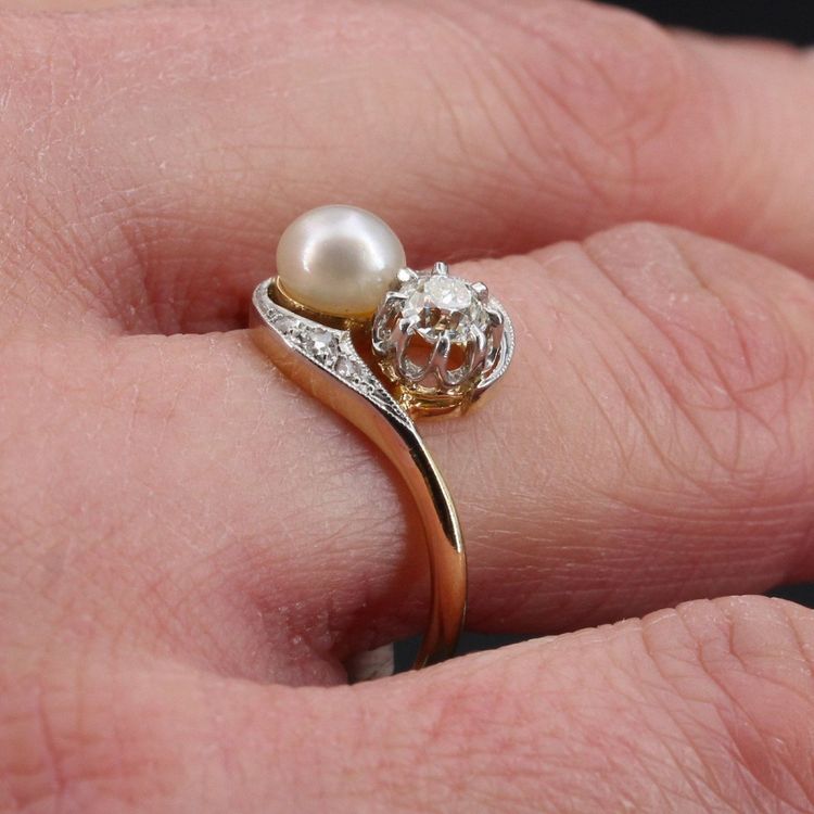 Bague Ancienne Toi Et Moi Diamants Perle Fine
