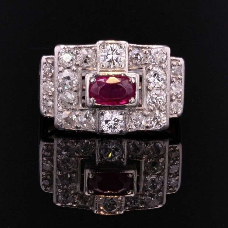 Bague Art Déco Platine Rubis Diamants
