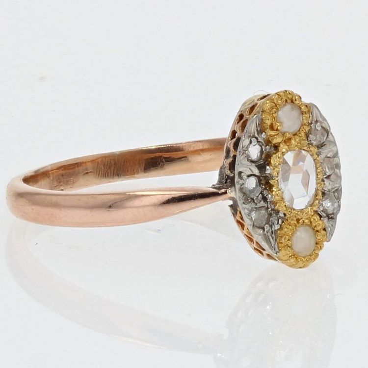 Antiker Marquise-Ring mit feinen Perlen und Diamanten