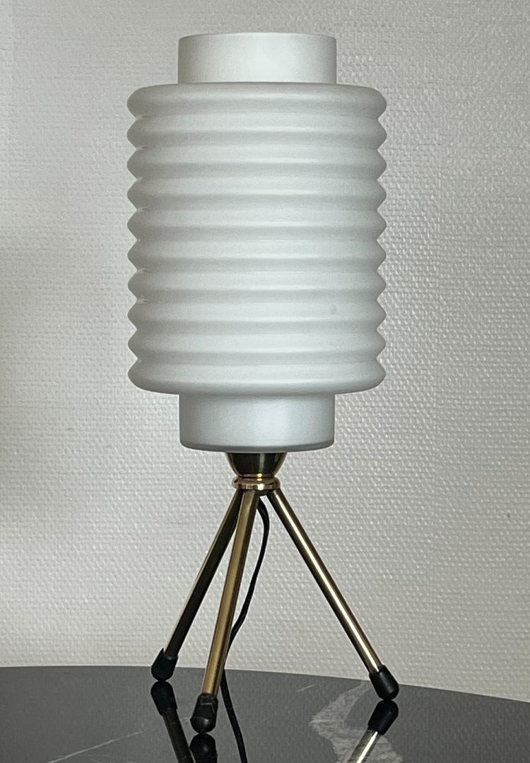 Table Lamp Tripod Base Brass Opaline Glass Diffuser Italy 1970